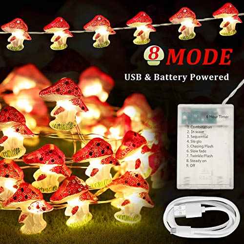 Mudder Mushroom Decor Lights, 10 ft 40 LEDs Mushroom Lights, 8 Lighting Modes Mushroom String Lights Battery Powered with Timer for Bedroom Winter Christmas Party Decoration