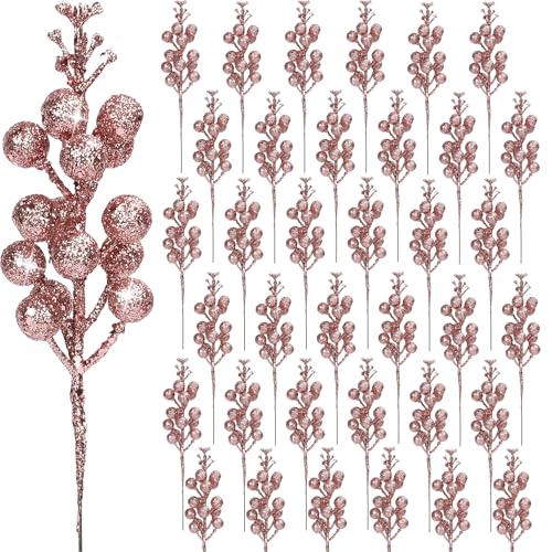 Palonu 36 Pcs Christmas Glitter Berries Stems,8.5 Inch Artificial Christmas Picks for Christmas Tree Ornaments for DIY Xmas Wreath Crafts Gifts Holiday Home Decor (Rose Gold)