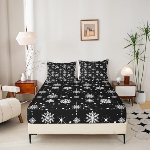 Erosebridal Christmas Bed Sheets Magical Snowflakes Sheet Set for Kids Girls Boys Black and White Bed Sheet Set Full Size Glitter Star Flat Sheet Deep Pocket Room Decor with 2 Pillow Cases, Black