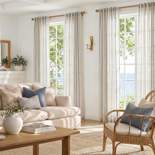 Ocean Tide Blue Linen Curtains 84 Inch Farmhouse Back Tab 2 Panels