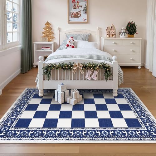 GarveeHome Blue 4' x 6' Checkered Christmas Rug, Non-Slip Washable Area Rug for Living Room