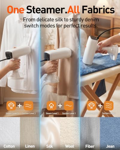 NovaSteam White Handheld Vacuum Steamer for Clothes 4500Pa Power Travel-Friendly