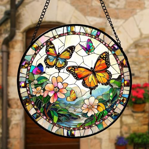 DASTOLL 12-Inch Golden Yellow Butterfly and Flowers Stained Glass Window Suncatcher