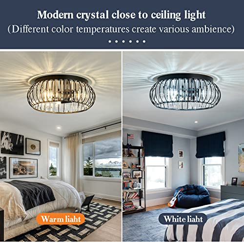Black 3-Light Flush Mount Ceiling Light Fixture Modern Crystal Chandelier Indoor Lighting