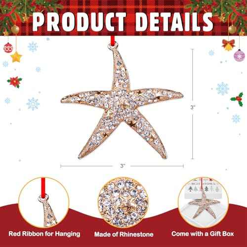D4DREAM Starfish Christmas Ornament - Metal Gold Starfish Ornaments for Christmas Tree Beach Theme Hanging Ornaments Keepsake Gifts for Women Men Kids