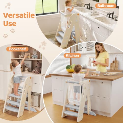 Onasti Foldable Toddler Kitchen Helper Tower - Adjustable Height Safety Stool, Gray