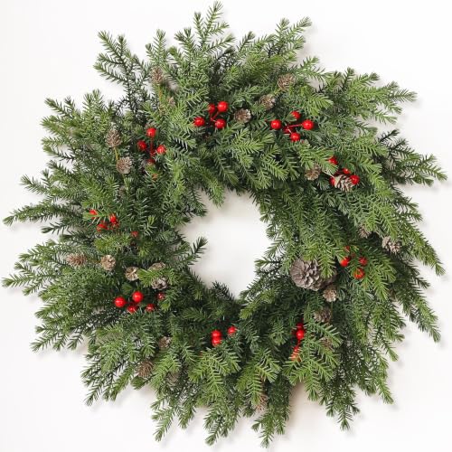 24in Norfolk Pine Christmas Wreath with Red Berries, Front Door Decor