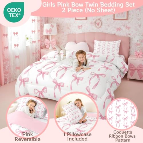 Pink Bow Queen Comforter Set with Pillowcases - Reversible Bedroom Bedding, Girl Kids Teen Decor, White Variation