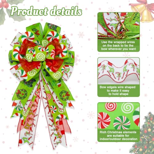Montekin Large Green Candy Pattern Christmas Wreath Bows 20x11 Inches, Set of 2
