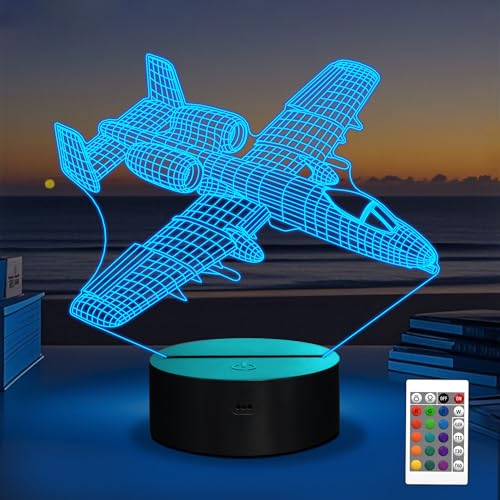 Airplane Model Gifts for Boys Men Pilot,16 Colors Airplane Night Light for Aviation Lovers Room Decor, A10 Warthog Plane 3D Illusion Lamp for Kids Xmas Gifts