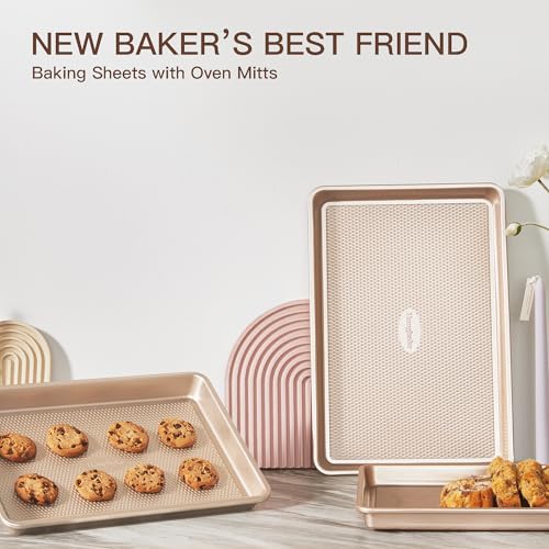 HONGBAKE Champagne Gold Nonstick Baking Sheet Set of 3 - Heavy Duty Carbon Steel with Diamond Texture, Oven Safe Up to 450°F