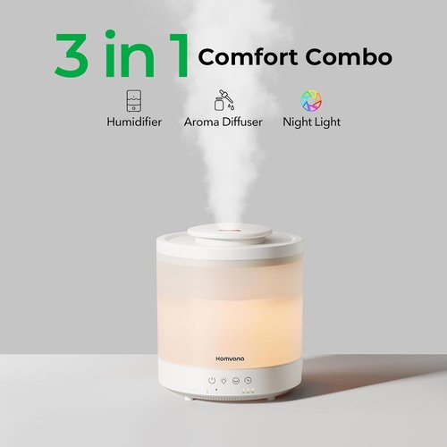 Homvana Small Humidifiers - 1.5L Cool Mist Top Fill for Baby Nursery | 3-in-1 Essential Oil Diffuser, 7 Color Lights