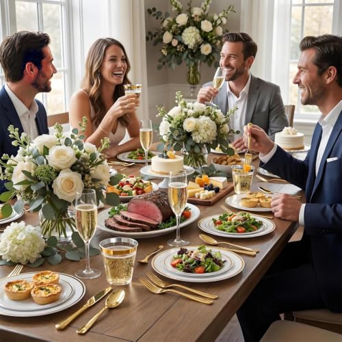 Disposable Plastic Dinner Plates - White & Gold, 10-Inch, Heavy Duty, 600PCS - Gold Variation