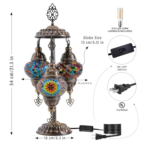 Mozaist Cappadocia Balloon Turkish Mosaic 3 Globe Table Lamp with E12 Bulbs, US Plug