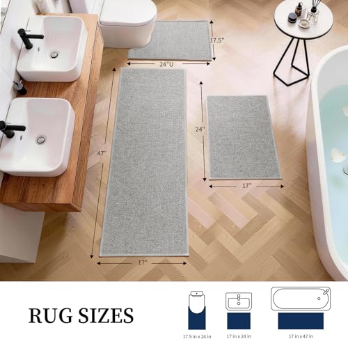 Gray Bathroom Rugs Set - 3-Piece Non-Slip Quick-Dry Bath Mat with Toilet Rug & Runner - 17x24/17x47/17.5x24 U