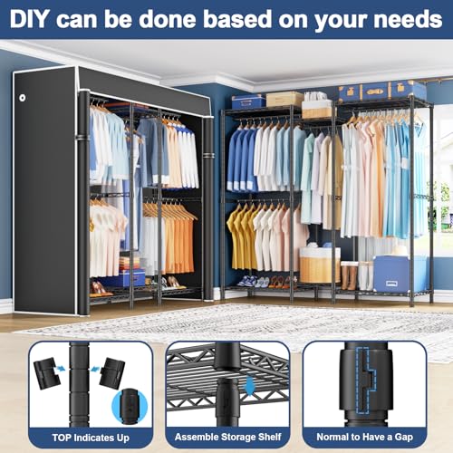 Ulif E12C Heavy Duty Black Closet Organizer with Cover - Freestanding Garment Rack, Adjustable, 860 lbs Capacity