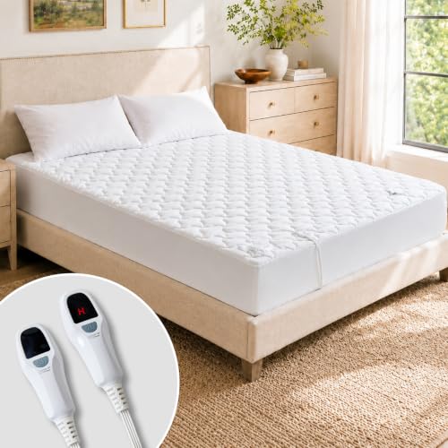 Electric Heated Mattress Pad Queen with Dual Control & 10 Heat Settings - White