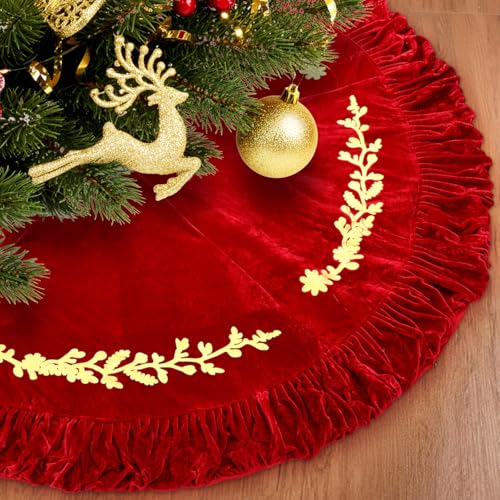 60 Inch Red Velvet Christmas Tree Skirt with Gold Embroidery Trim - Sotiff