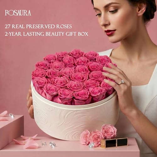 Pink Preserved Roses in Round Box - 27 Real Flowers Gift for Her