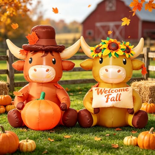 Fall Highland Cow Inflatable Decoration - 6 FT Outdoor Halloween & Autumn Yard Decor with Pumpkin & Welcome Sign - DomKom