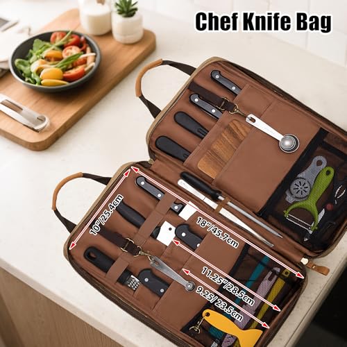 Chef Knife Bag Waxed Canvas Storage Case with 11 Slots & Pockets