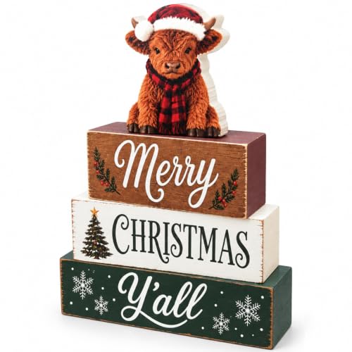 Farmhouse Highland Cow Christmas Tiered Tray Decor - Rustic Wooden Sign
