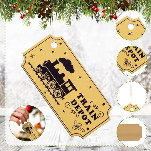 Oudain 12 Pcs Christmas Express Decor Train Ornaments - 4 Styles, Wooden Train Tickets, 2.76in - Variation: 12 / Train