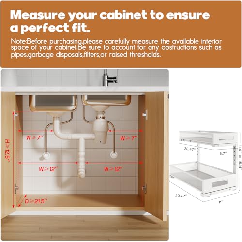 White 2 Pack Under Sink Storage Organizer - 20.47 Inch Depth, 2-Tier Pull-Out Shelves, Adjustable Height