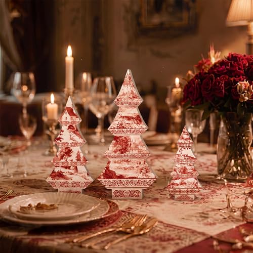 3-Piece Red Toile de Jouy Wood Christmas Trees Set