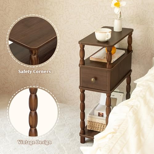 MaxSmeo Walnut Brown Narrow Side Table with Drawer - Small Nightstand for Living Room & Bedroom