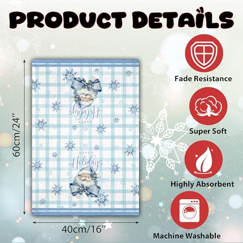 Geuro Winter Friends Snowman Kitchen Towels Set of 2 Blue Checkered 16x24 Inch Holiday Decor