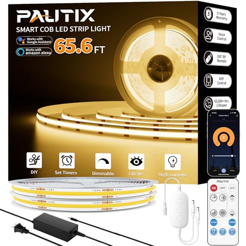 PAUTIX 2700K COB LED Strip Lights 65.6ft/20m Dimmable Smart RGB-W Warm White