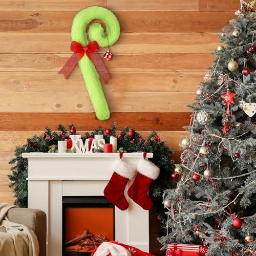 Janinka Christmas Candy Cane Wreath with Red Bow & Green Plush Decor