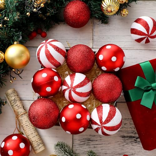 12 pcs Red & White Christmas Ornaments Candy Balls for Tree Decor