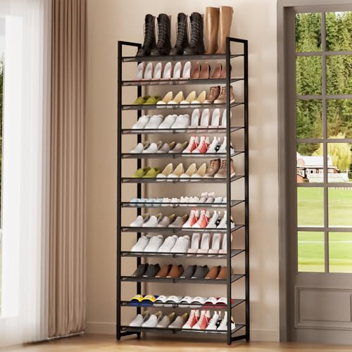 Black 12-Tier Metal Shoe Rack Organizer for Closet, Entryway, Garage - Adjustable Shelves, Tall Shoe Storage Solution