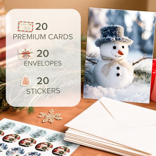 20 Holiday Christmas Cards Set with Envelopes & Stickers, 5x7 Bulk Greeting Cards