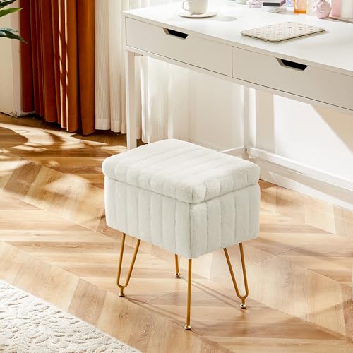 White Faux Fur Vanity Stool with Storage & Adjustable Metal Legs - Sweetcrispy
