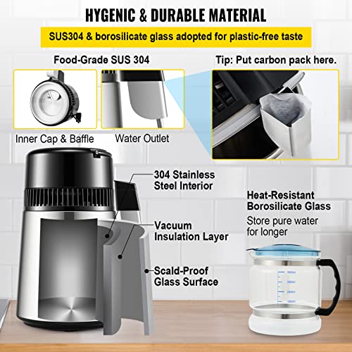 Water Distiller with Timing & Dual Temperature Display - 304 Stainless Steel, 0.3 Gal/H, 1.1 Gal Capacity, Glass Carafe, 3 Carbon Bags
