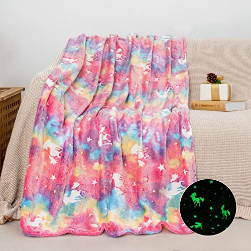 GOSALISU Glow in The Dark Blanket Unicorns, 50 x60 inch Luminous Blanket for 3 4 5 6 7 8 9 10 Year Old Girl Boy Gifts, Flannel Kids Throw Blankets for Christmas Birthday