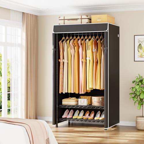 ULIFHOME H5C Clothes Rack with Cover - Heavy Duty Black Wardrobe Organizer