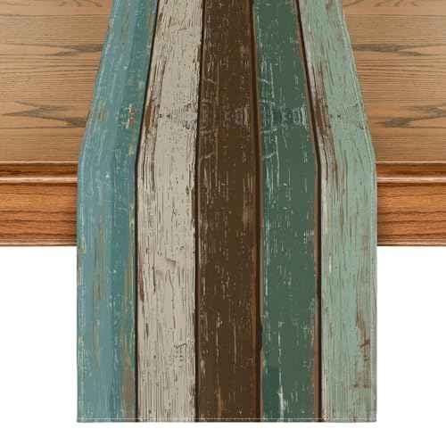 Artoid Mode Green Retro Rustic Wood Texture Table Runner, Seasonal Spring Kitchen Dining Table Decoration for Home Party Decor 13x90 Inch