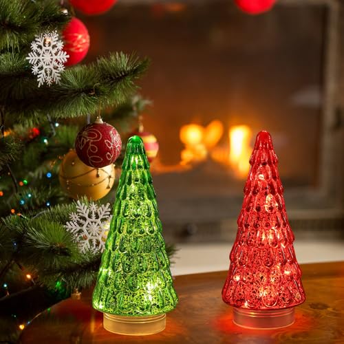 PHITRIC Red & Green Glass Christmas Trees with LED Timer - Indoor Holiday Decor, 2 pcs