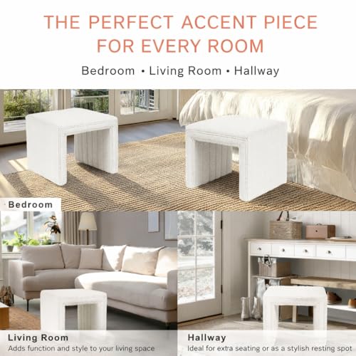 HomePop 19" Modern Channel Tufted Ottoman - Cream Boucle, Compact Footrest