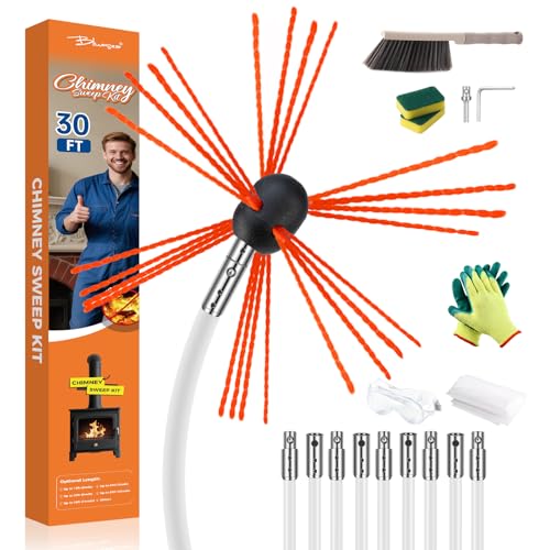 Bluesea 30FT Chimney Sweep Kit with Strong Nylon Brush & 9 Flexible Rods
