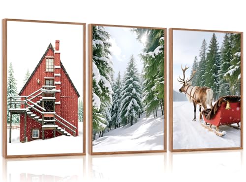 CHDITB 3pc Snowy Christmas Landscape Framed Canvas Wall Art Set - 16x24 Inches (Cottage Forest Reindeer Sleigh)