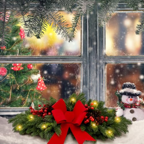 Yalikop 24.5 Inch Christmas Swag with Lights, Red Bow & Berry Decoration