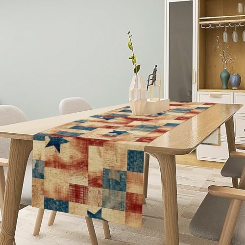 JanJCurt 13x70 inch 4th of July Table Runner Red White Blue Stars Rustic Farmhouse Decor