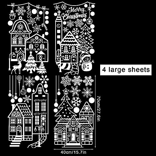 FINGOOO 56Pcs Large Christmas Window Clings - Double-Sided White House Snow Scene 4 Sheets 27.6 x 15.7 in