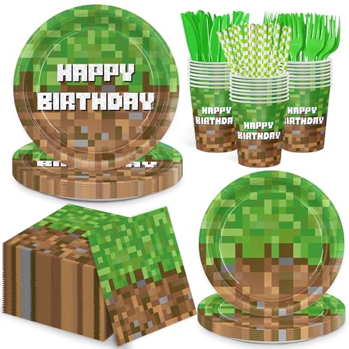 Detanpoly Pixel Birthday Party Supplies Set - 168pcs Serves 24, Plates Napkins Cups & Cutlery
