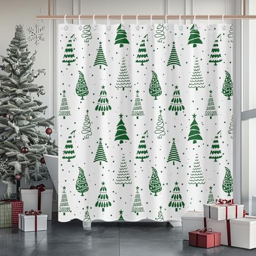 Mocsicka Green Christmas Tree Shower Curtain 72x72 in | Waterproof Polyester Bath Curtain with 12 Hooks